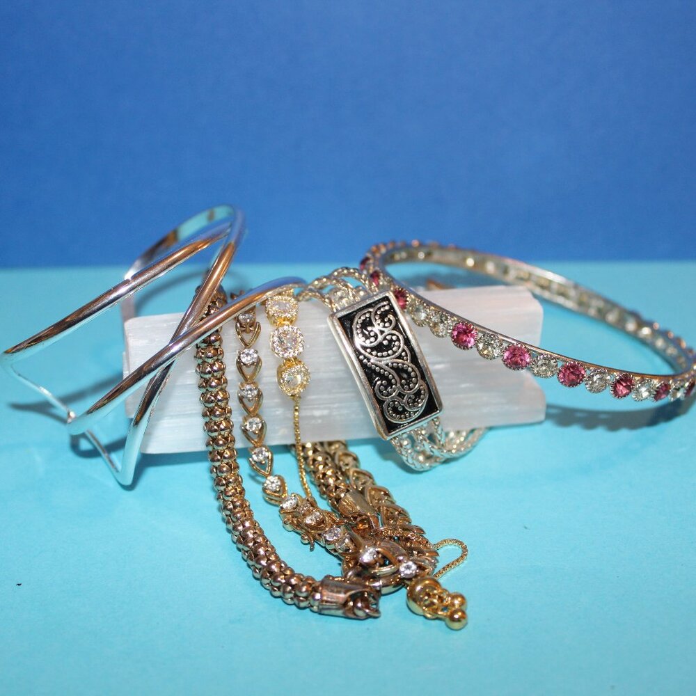 Lot of 6 Gold & Silver Tone Metal Bracelets Rhinestones Cuff Chain Vtg to Mod